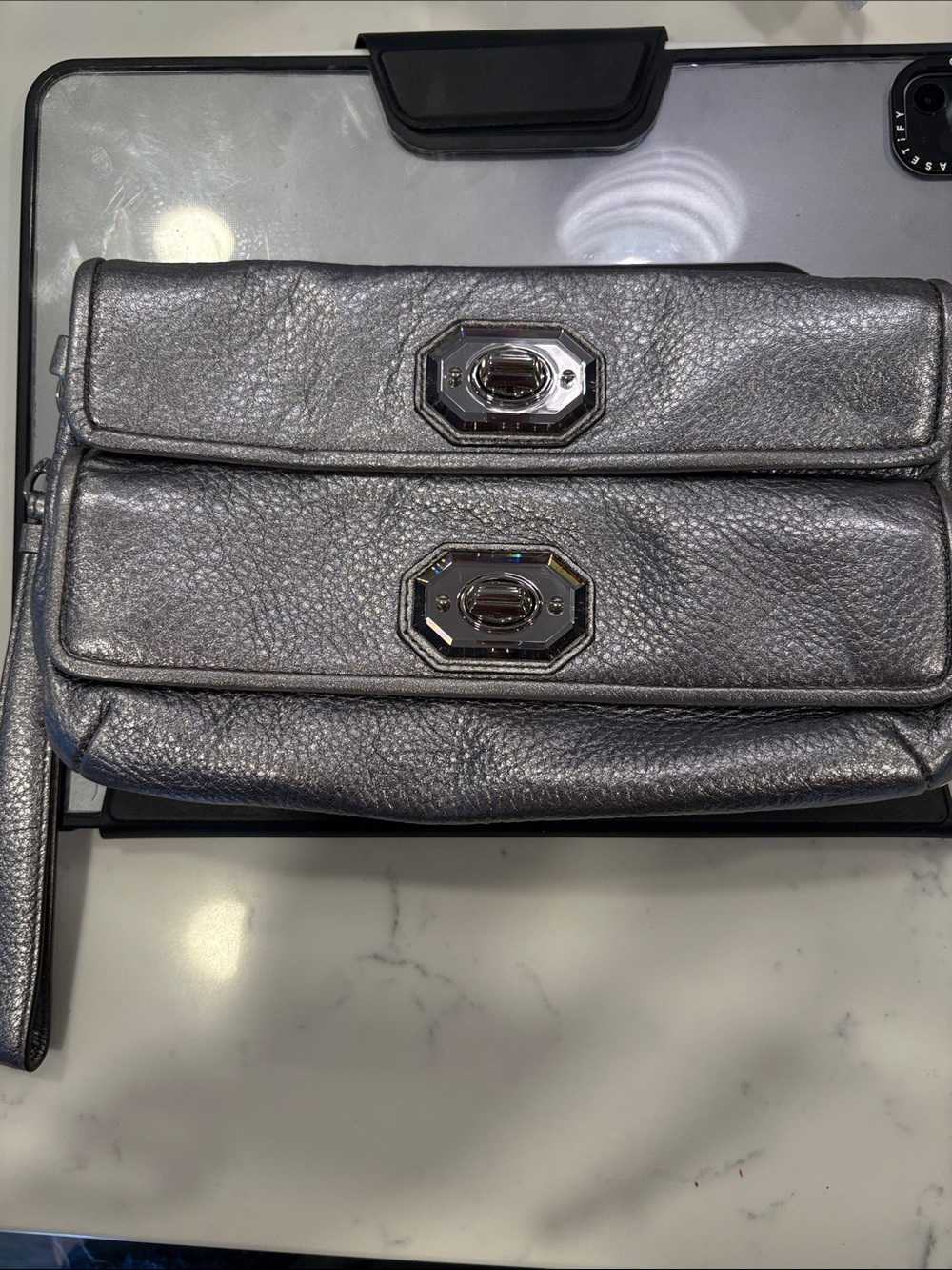 Coach Metallic Silver Pebbled Leather Double-Flip Wristlet Clutch